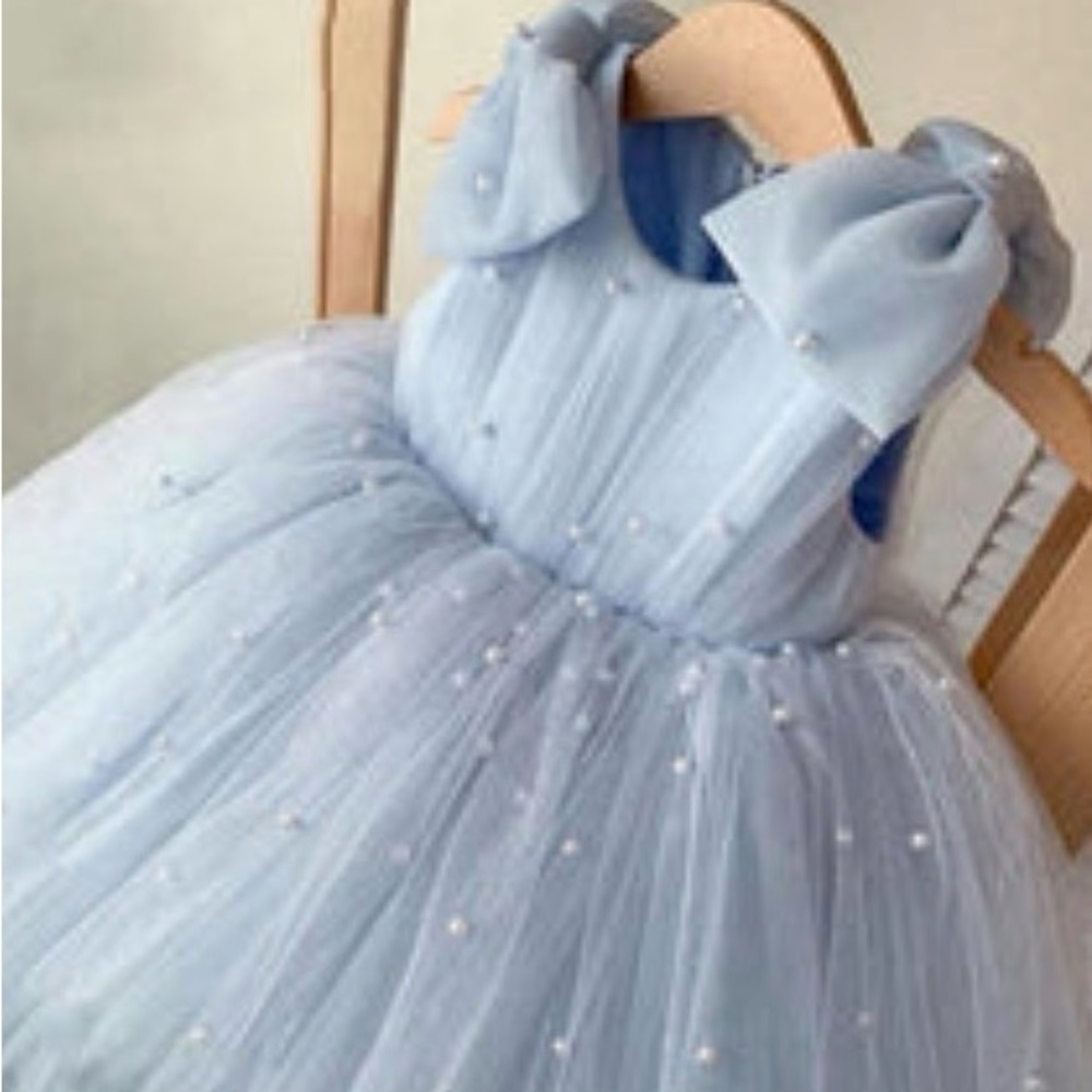 Charming Light Blue Kids Dress with Pearl Accents